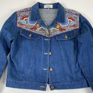 Vintage KK88 Designs Denim Jean Jacket Coat Embroidered Beaded Art Women’s S
